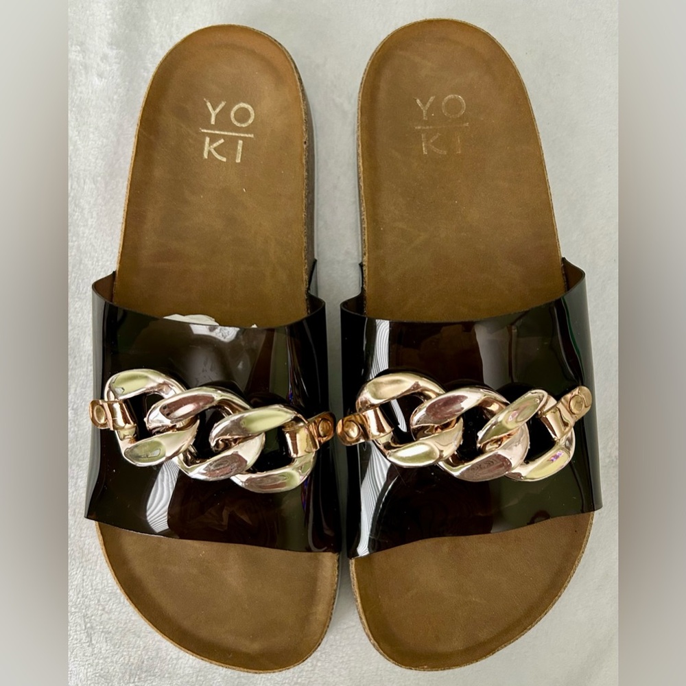 YOKI Transparent Black Slide Sandals with Bold Gold Tone Chain Accent